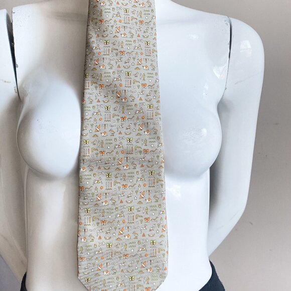 Salvatore Ferragamo Silk Beige Egyptian Hieroglyphics  Men's Necktie - Picture 3 of 9